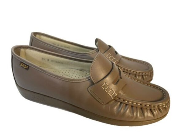 SAS Hand Sewn USA Mocha Tan Beige Leather slip-on Wedge Shoe Women 9.5 Comfy - Picture 3 of 8